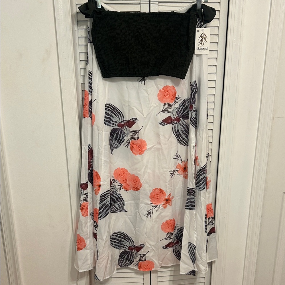 Olivia M White and Coral Floral A-Line Skirt with Off the Shoulder Ruffled Top